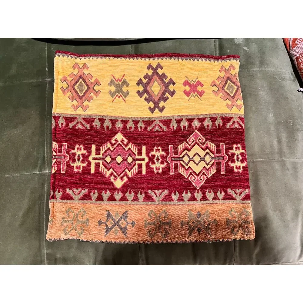 Vintage Kilim Style Woven Pillow Cover Burgundy Rust Boho 16x16